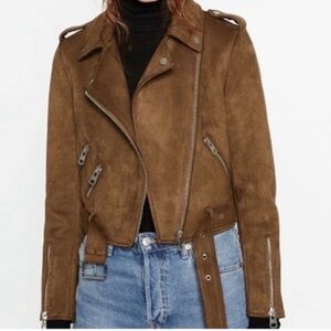 ZARA Faux Suede Brown Biker Jacket